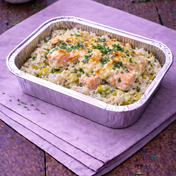 Gratin de riz au saumon et poireaux