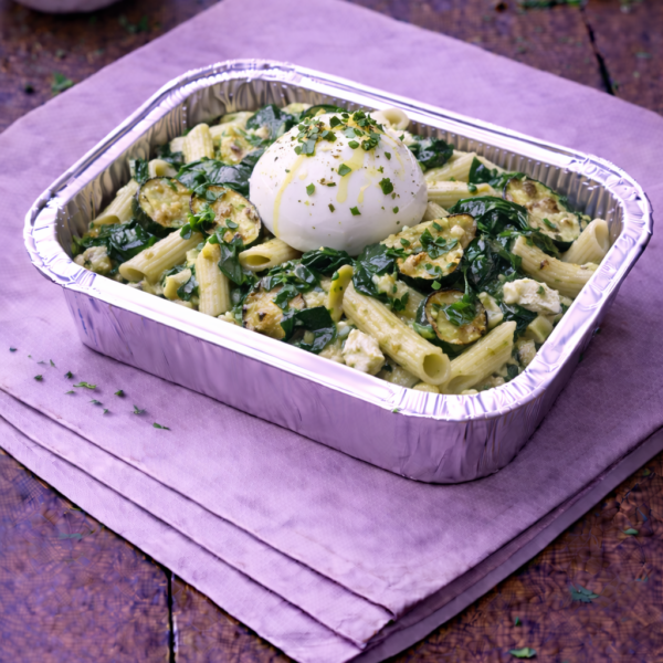 Pennes aux épinards, courgettes rôties et burrata